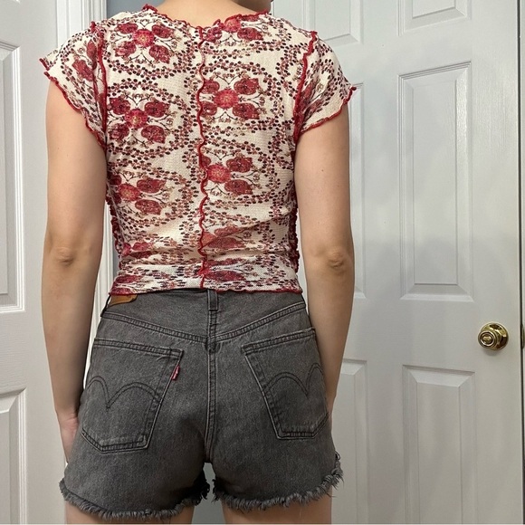 Free People Baby Tee Blouse Floral Sheer Boho Cotton Festival Fairy Size Small - Picture 3 of 7